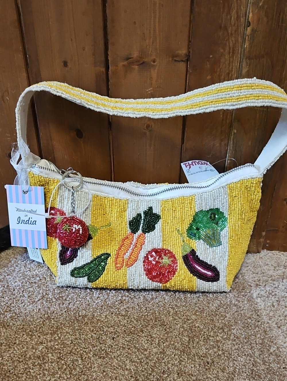 Handcrafted Yellow Beaded Shoulder Bag with Vegetable Motifs